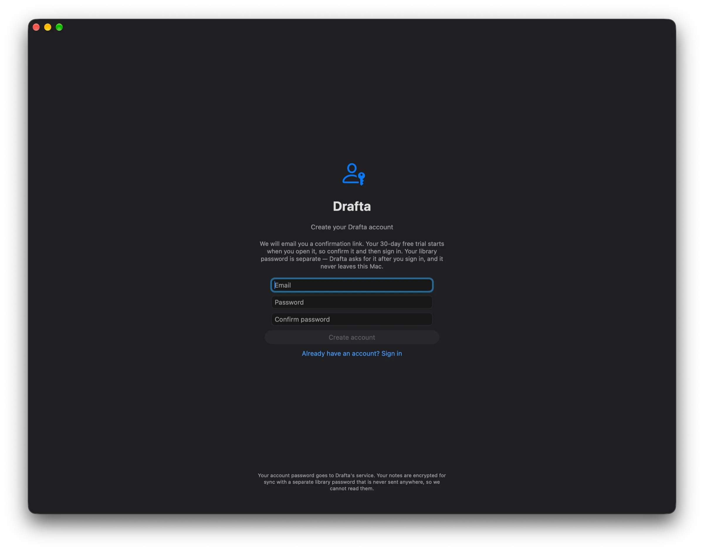The Drafta account creation screen: email, password, and confirmation fields, an explanation of the 30-day trial and a separate library password