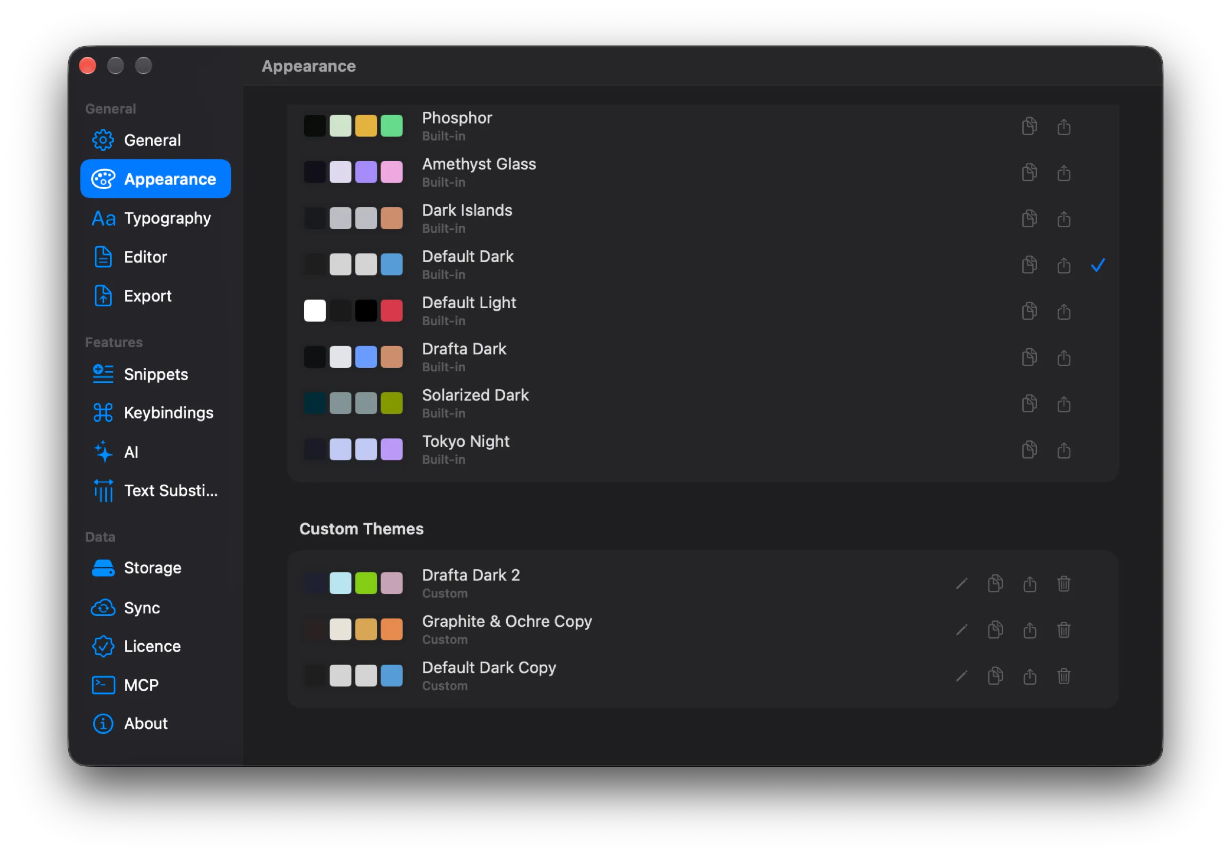 Appearance section with three custom themes in the Custom Themes block and buttons for edit, copy, export, and delete