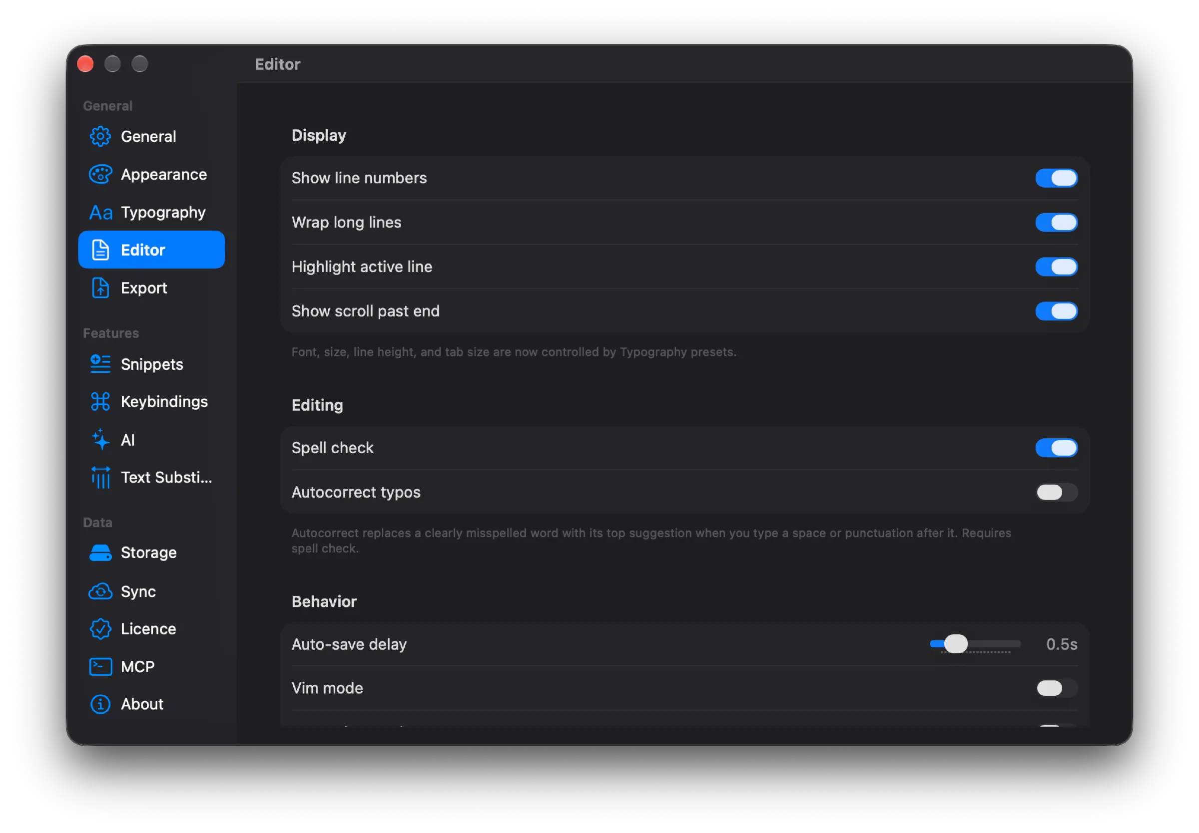 Editor settings: display toggles, spell checking, autosave, and Vim mode