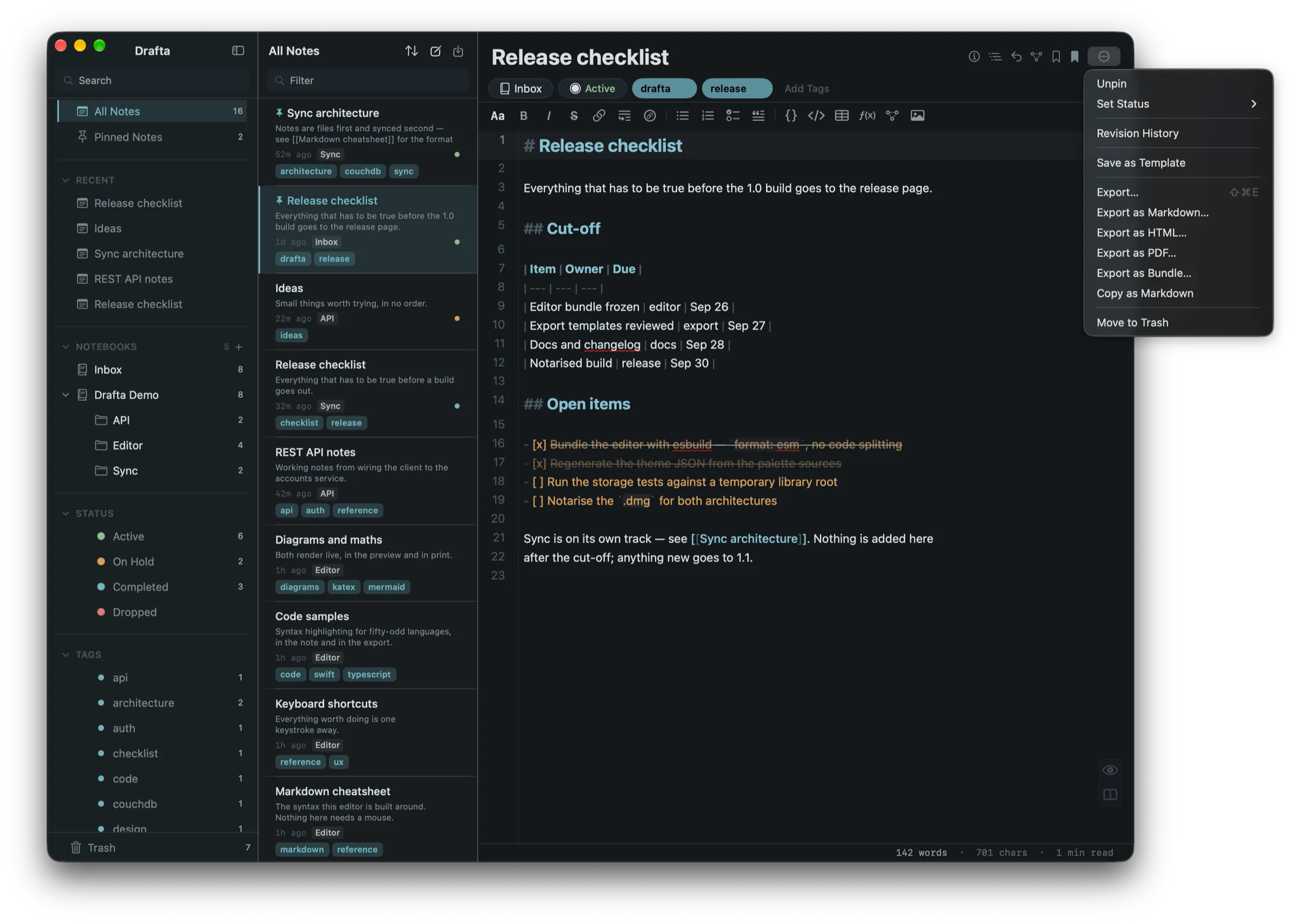 Note menu: Unpin, Set Status, Revision History, Save as Template, Export…, Export as Markdown, HTML, PDF, Bundle, Copy as Markdown, Move to Trash
