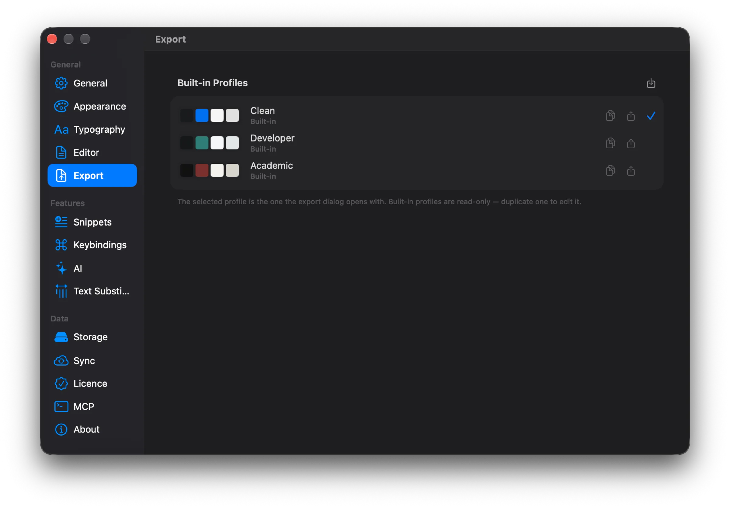 Export section of settings: three built-in profiles Clean, Developer, and Academic with color swatches, Clean selected