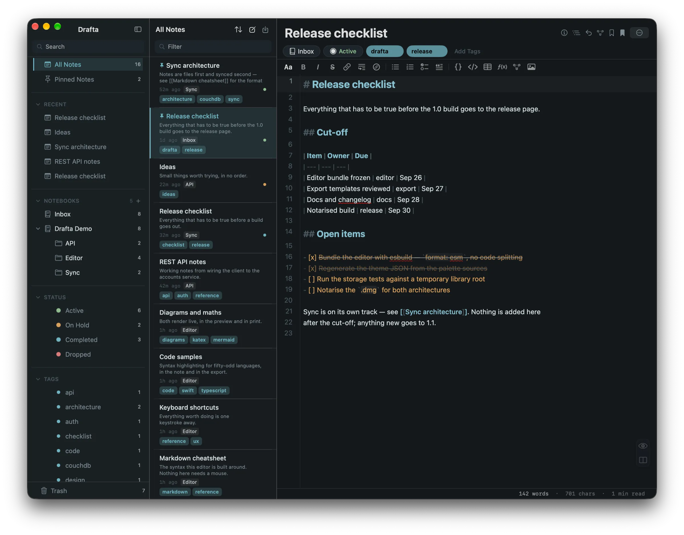 Drafta window in the Fjord theme: blue-gray tones, a note with a table and a checklist in editor mode