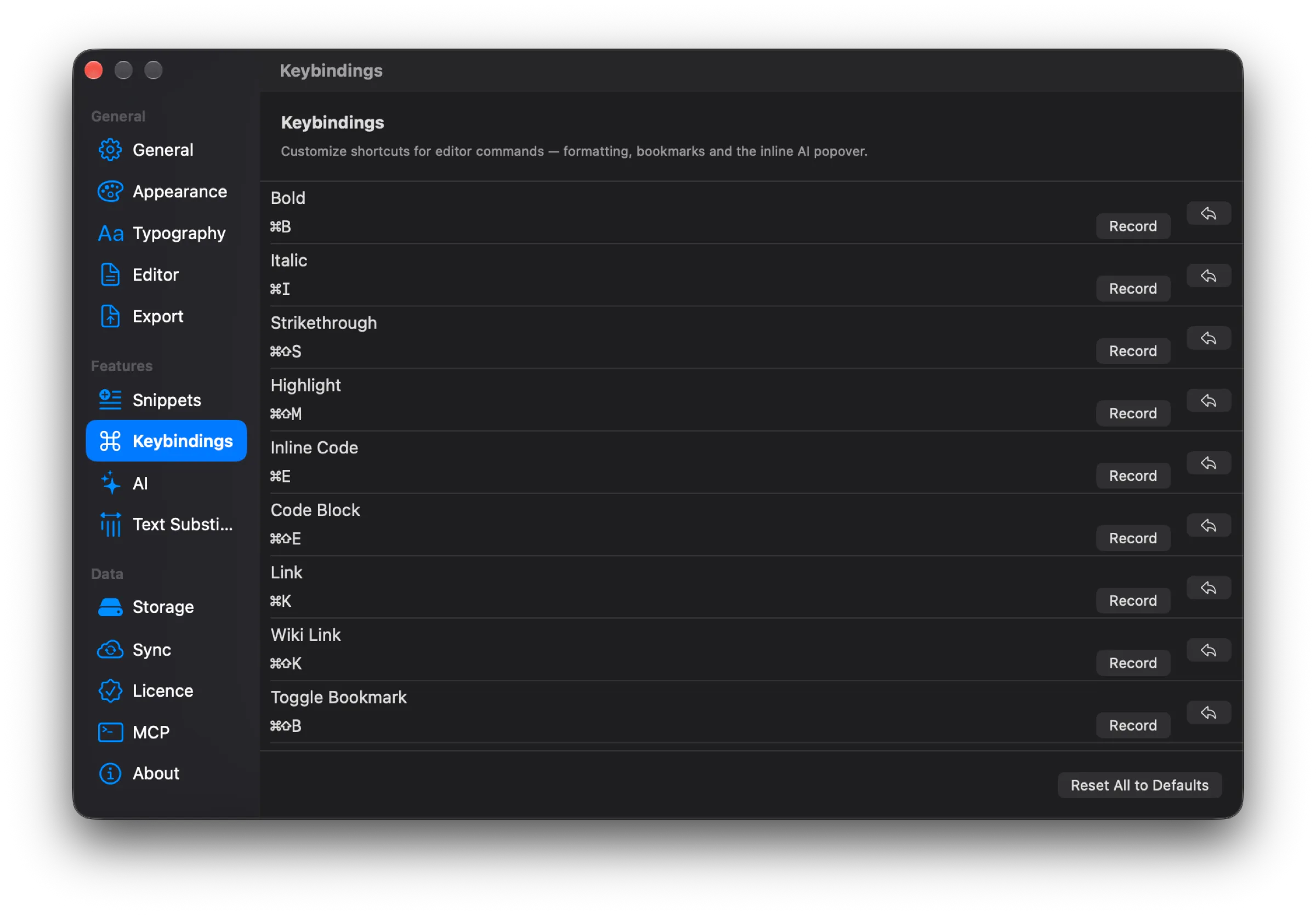 Раздел Keybindings: команды Bold, Italic, Strikethrough, Highlight и другие с сочетаниями и кнопками Record