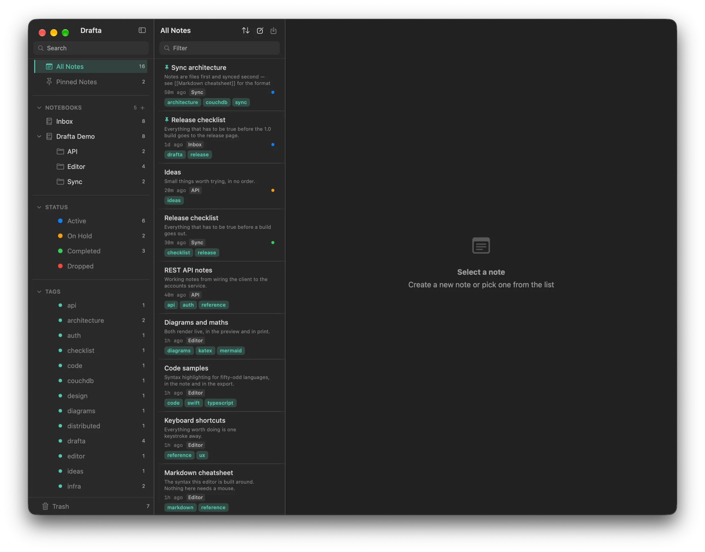 Drafta's main window: notebooks, statuses, and tags on the left, a list of notes with tags and notebooks in the center