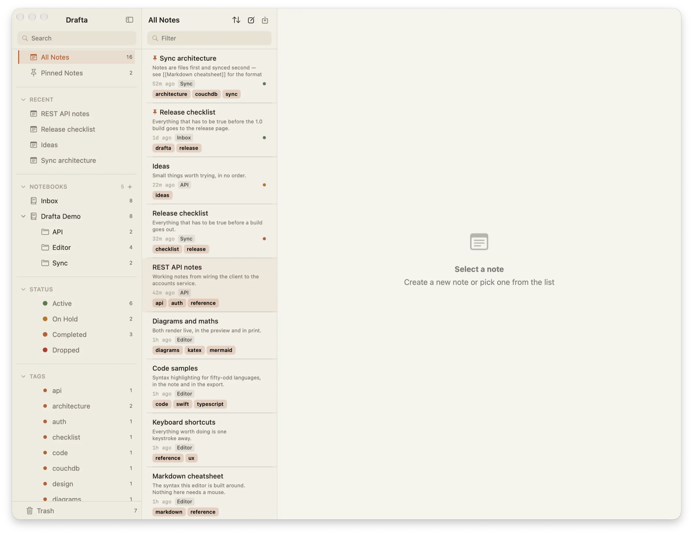 Drafta window in a light theme: warm paper background, note list with tags