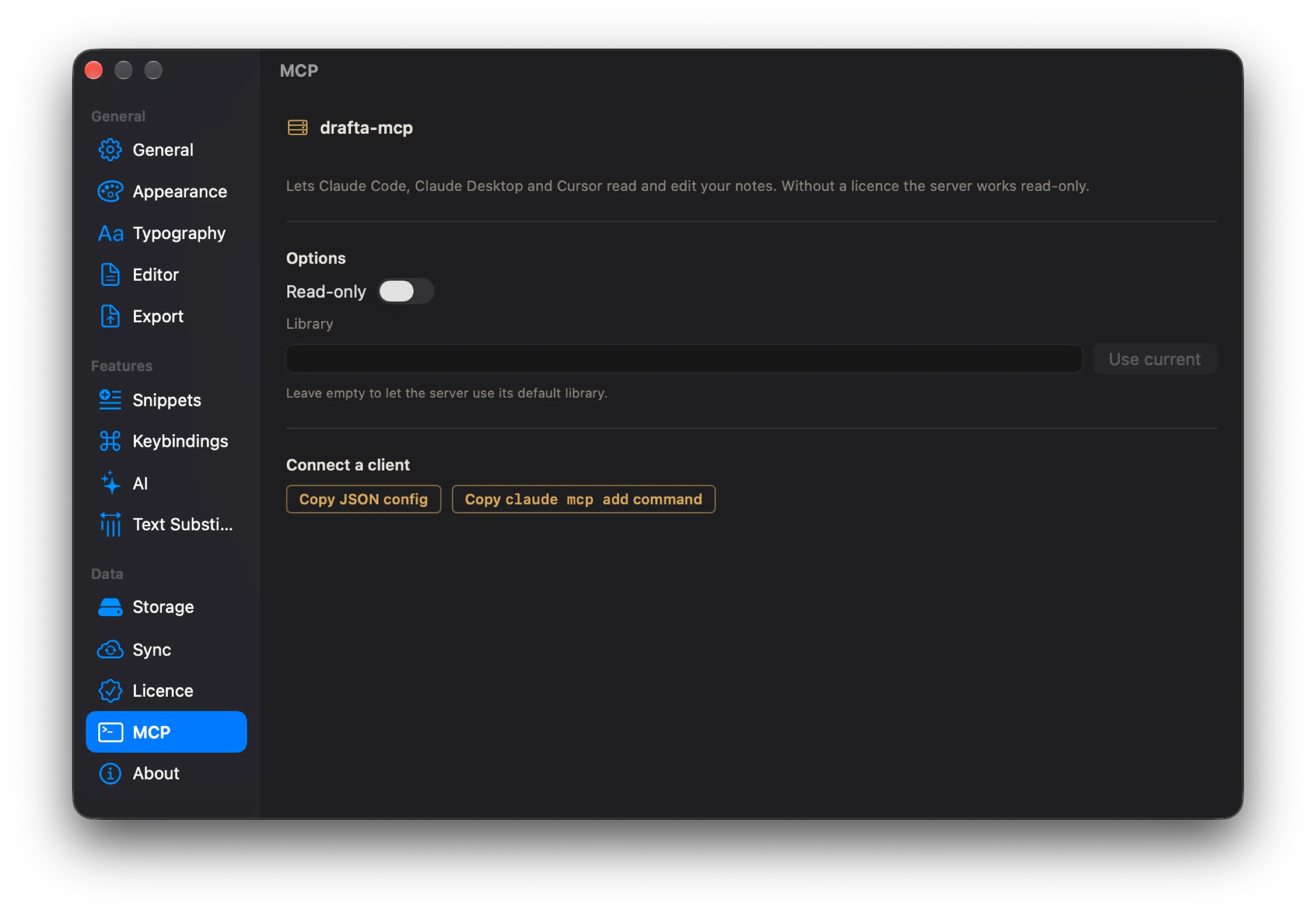 The MCP section of the settings: the drafta-mcp server, the Read-only toggle, the library path field, and the Copy JSON config and Copy claude mcp add command buttons
