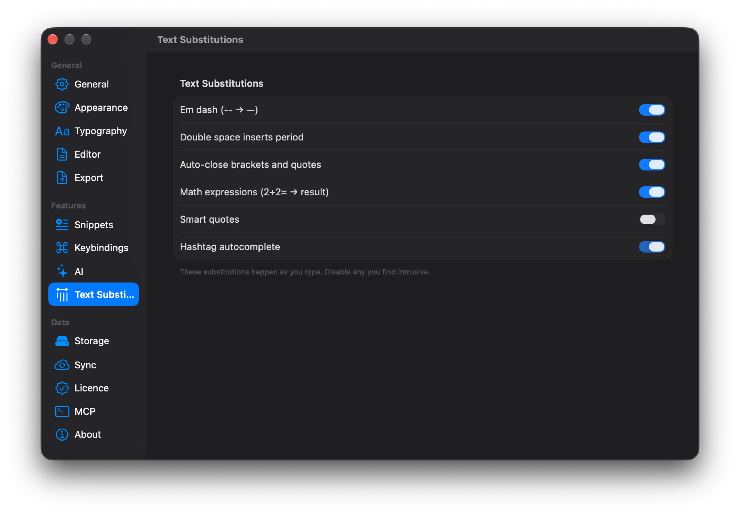 Раздел Text Substitutions: шесть переключателей — тире, точка по двойному пробелу, автозакрытие скобок, вычисление выражений, типографские кавычки, автодополнение тегов