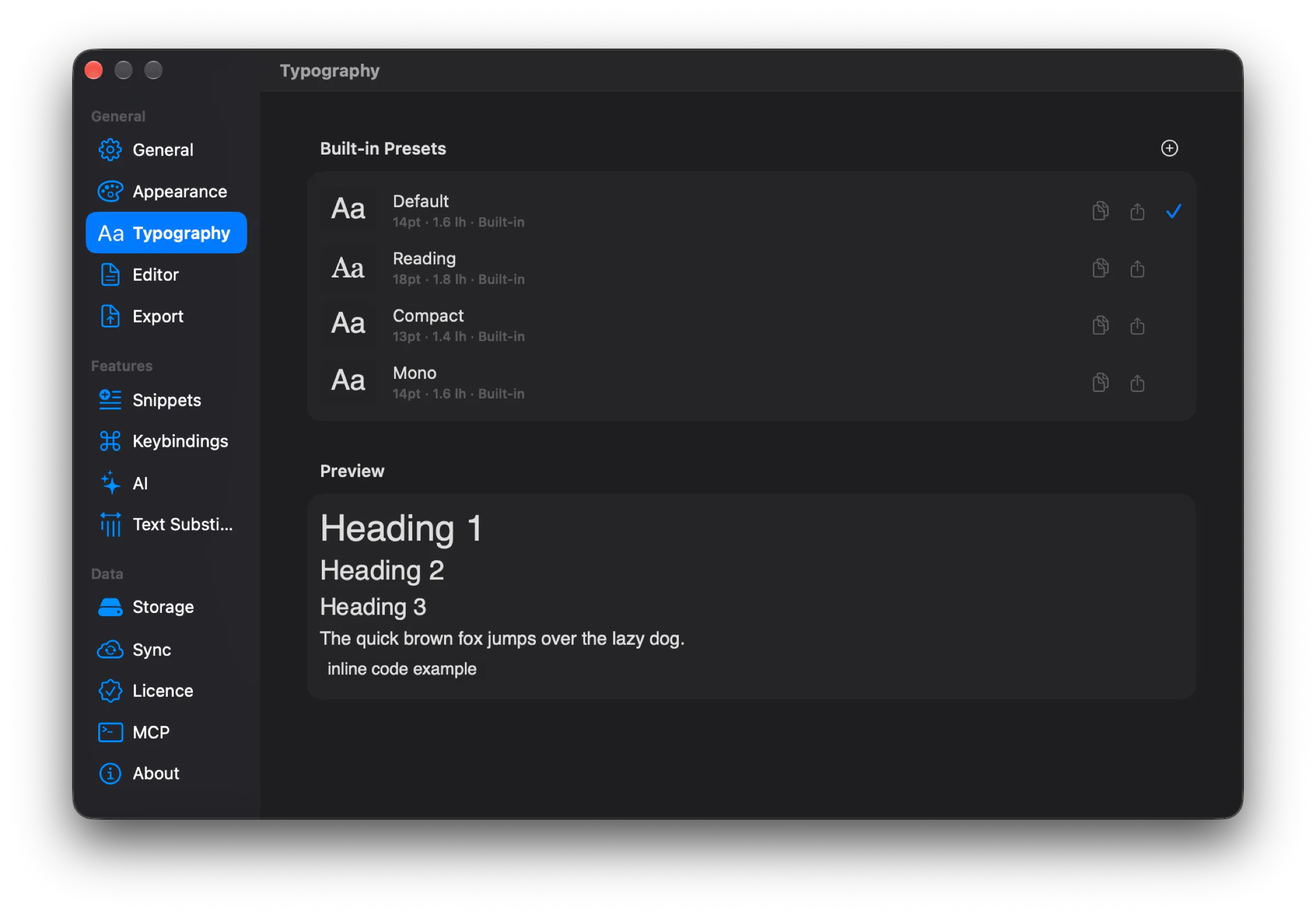 Typography section: four built-in presets Default, Reading, Compact, Mono and a preview of headings and text