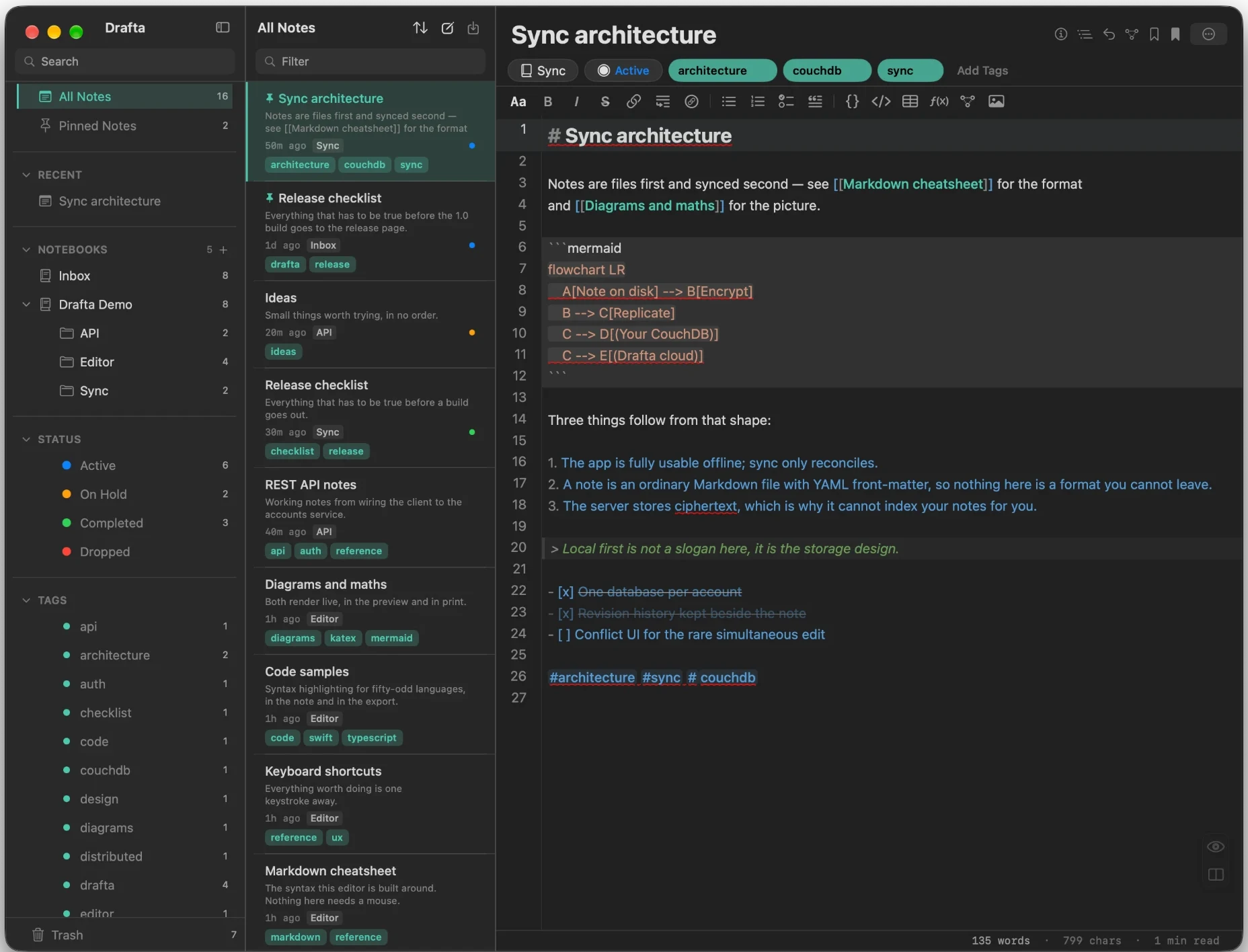 Drafta — редактор: Markdown с диаграммой Mermaid, блокноты, статусы и теги